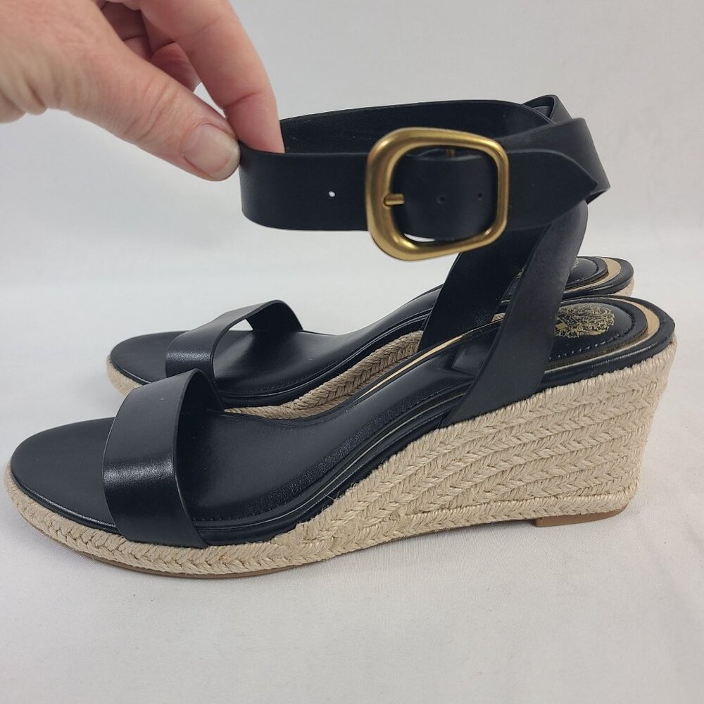 Vince Camuto Felia Black Leather Espadrille Wedge Sandals - Picture 4 of 9
